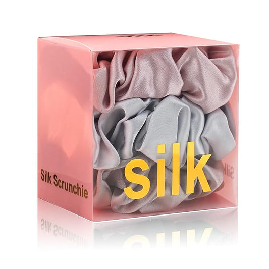 Silk Scrunchies for Hair 100% Mulberry Silk Hair Ties（Silver gray, Dark gray, Pink）
