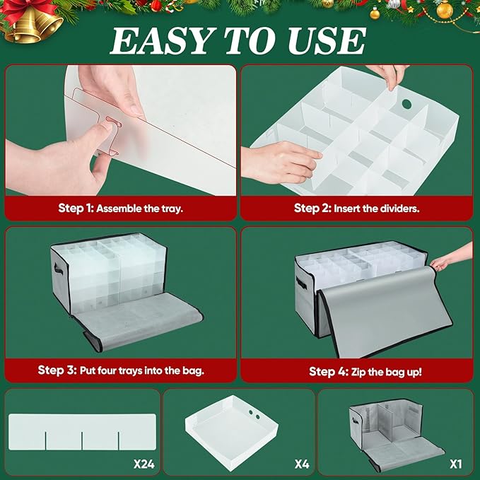 BALEINE Christmas Ornament Storage Box with Dividers, Premium Holiday Ornaments Storage Container Bin for Xmas Decorations (128 Ball, Grey, Soft)