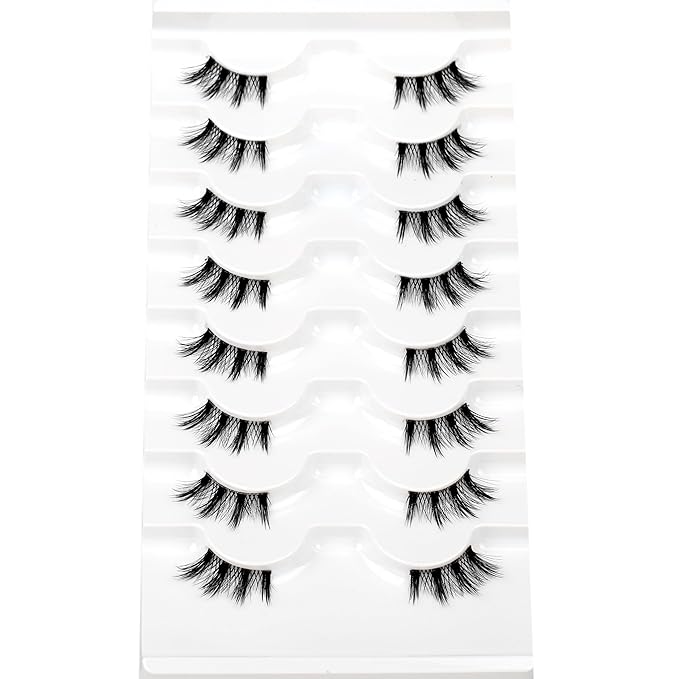 Natural Half Lashes Strips for Nude Makeup Spiky Short Doe-Eye Asian Eyelash Falsies 8 Pairs 3/4 Band Wispy Small Accent Lashes Fairy Wispies Cat Eye Clusters Faux Mink Extensions Fake Eyelashes