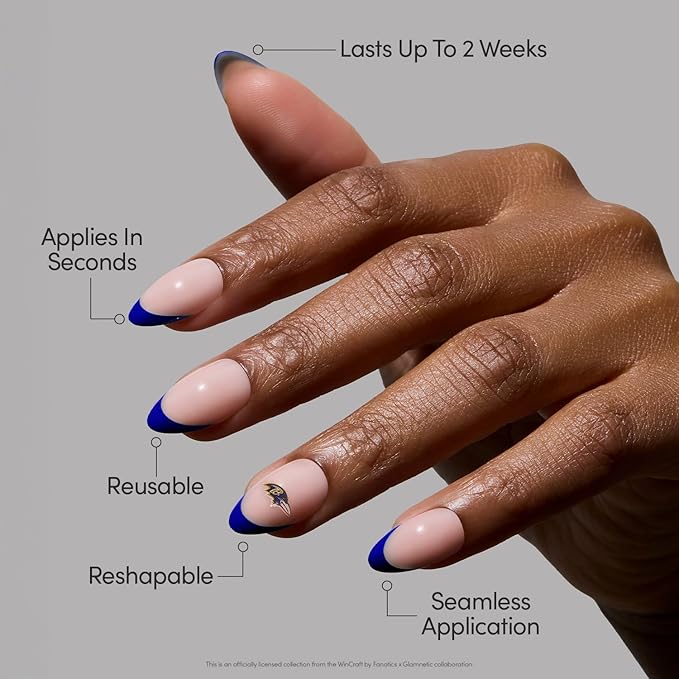 Glamnetic x Fanatics Press On Nails - Baltimore Ravens | Short Almond Fake Nails, NFL Ravens Purple French Tips, Football Nails, Salon-Quality | 15 Sizes - 30 Nail Kit with Glue