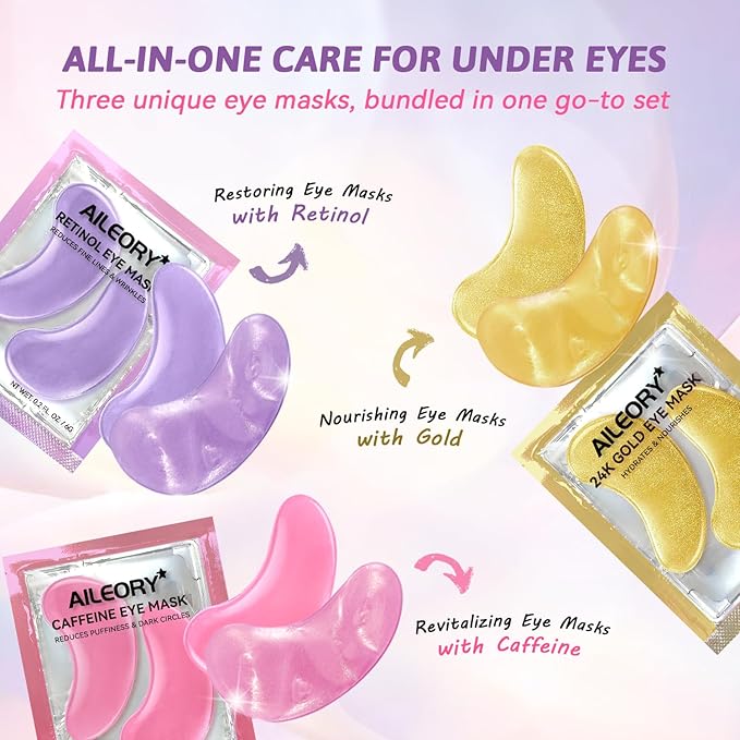 AILEORY Under Eye Patches for Dark Circles, Puffiness, Fine Lines, Eye Mask Set with Retinol, 24K Gold, Caffeine, Gel Mask for Birthday & Spa Party Favors, Skincare Gift for Women & Men, 24 Pairs