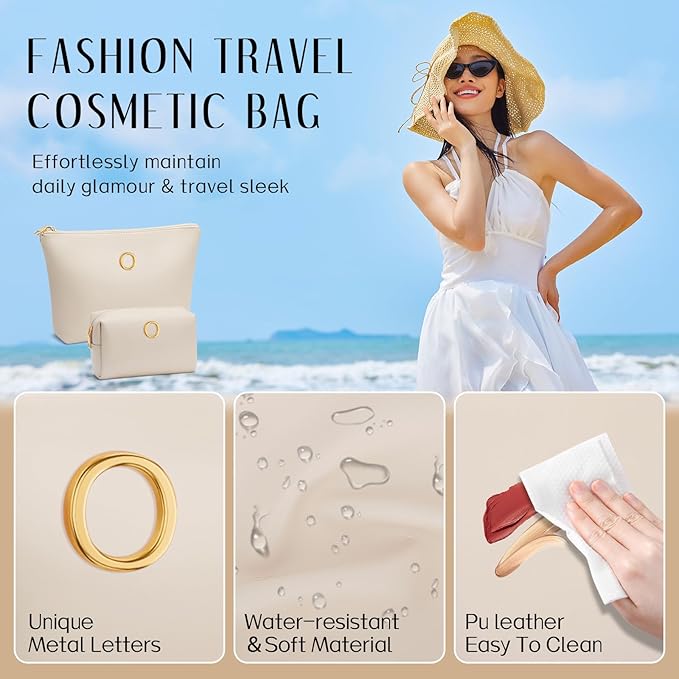 Women Gifts | Initial Makeup Bag Set for Girl Personalized Gifts for Bridesmaid Friend Graduation Teachers PU Leather Cosmetic Travel Toiletry Bag(Beige,O)