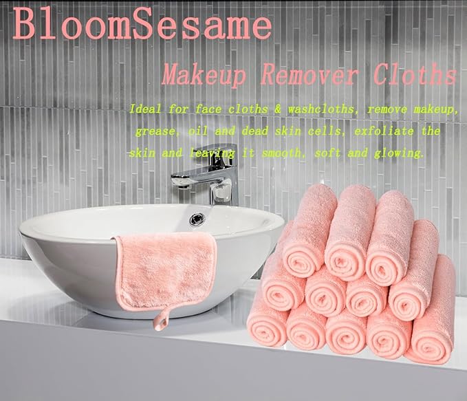 BloomSesame Makeup Remover Cloths for Face, Eye, Lips - Reusable Makeup Remover Pads Soft Microfiber Facial Cleansing Cloths 8 x 8 inch 12 Pack (Coral)