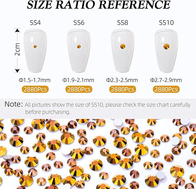 Meibite Gold Flatback Rhinestones, Glass Rhinestones for Nail Art and Craft, Glue Fix, Loose Crystal Gemstones(Gold, SS4, 2880pcs, 1.5-1.7mm)