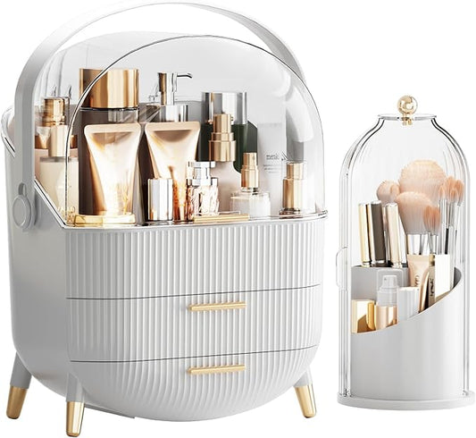 Makeup Organizers Countertop, Makeup organization for Vanity, Cosmetic Storage with Lid and Drawers, Skincare Display Cases with for Desktop, Bathroom (White)