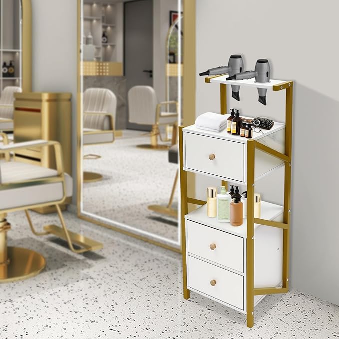 Beauty Salon Station Barber Station with 3 Drawer & 2 Hair Dryer Holder, White Salon Storage Cabinet Makeup Organizer for Spas, Barber Stores, Salons, Locker Rooms, Bathrooms