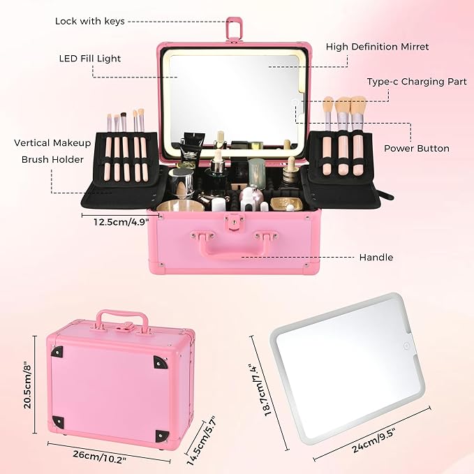 Makeup Case with Lighted Mirror, Makeup Box Organizer with Detachable LED Mirror, Travel Makeup Train Case, Waterproof Cosmetic Organizer, Standing Brush Holder, Gift, Pink