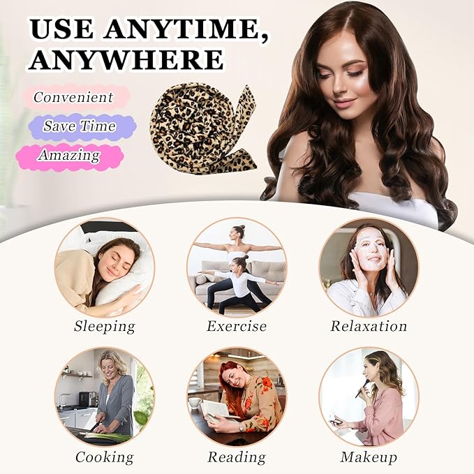 Gwabee No Heat Overnight Curl Headband - 70" Soft Ribbon Wrap for Long Hair, 9 PCS Curling Rods Set - Leopard Print Curls Headband