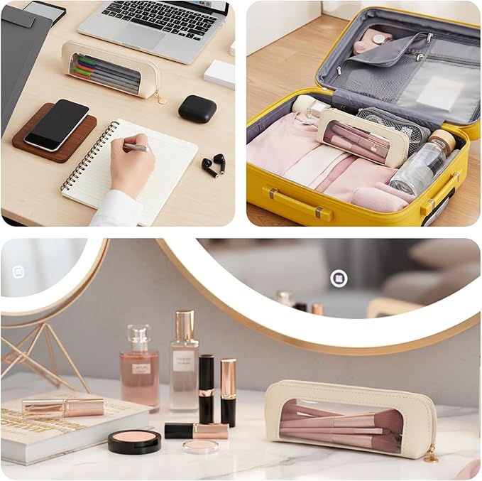 Sibba Small Clear Makeup Bag Travel Makeup Bag PU Leather Make up Brush Case Clear Cosmetic Bags Make up Organizer Zipper Pouch for Women Home Travel Office Cosmetic Storage (Beige)