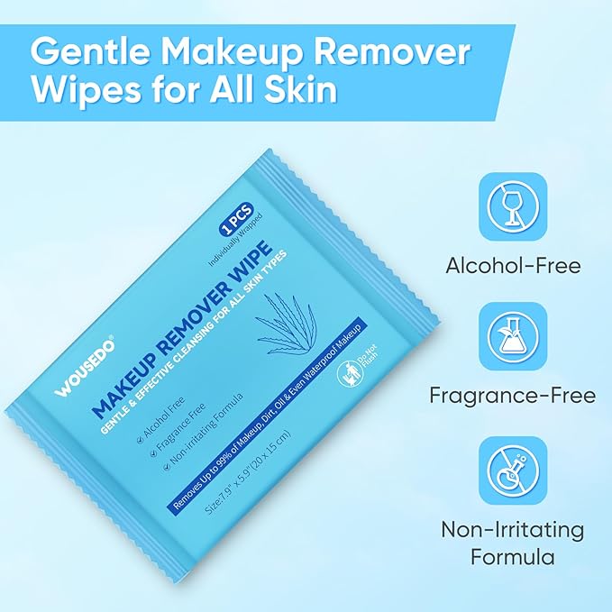 100 Count Makeup Remover Wipes, Bulk Gentle Cleansing Facial Towelettes, Individually Wrapped Travel Size,Alcohol-Free & Hypoallergenic for All Skin Types