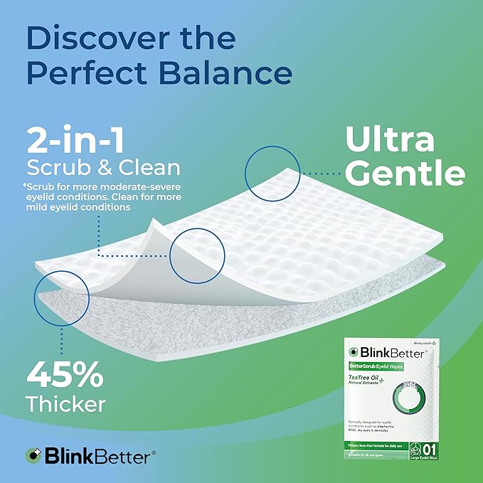 BlinkBetter Tea Tree Oil Eyelid Wipes - 20 x Natural Blepharitis, MGD & Dry Eye Relief Wipes | Cleansing, Soothing, Dual-Textured, Triple Moisture Formula | Biodegradable & Gentle (Pack of 1, 20)