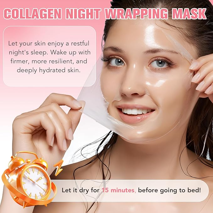 2 Pack Collagen Night Wrapping Mask with Brush 2.53 fl.oz, Collagen Overnight Peel Off Facial Mask, Hydrolyzed Collagen Face Mask, Reduces Sagging & Dullness - Hydrolyzed Face for Glowing Glass Skin