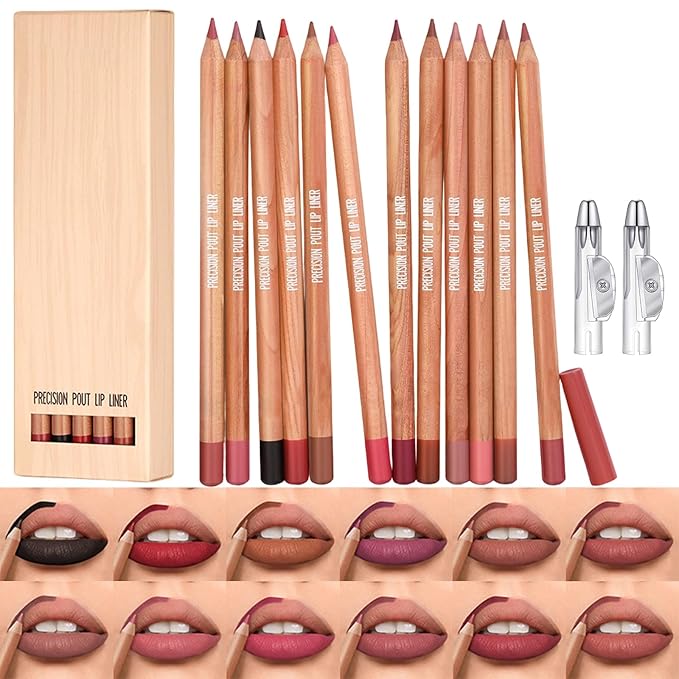 Erinde Nude Matte Lip Liner Set, 12 Colors Lipliner Pencil Pack with Sharpener for Define & Sculpt Lip, Long-Lasting Waterproof Non-Smudge Brown Mauve Nude Peach Plum Lipliner Delineador De Labios