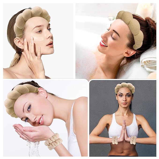 Zkptops Spa Headband for Washing Face Wristband Set Sponge Makeup Skincare Terry Cloth Bubble Soft Get Ready Hairband for Women Girl Puffy Padded Headwear Non Slip Thick Hair Accessory(Brown)