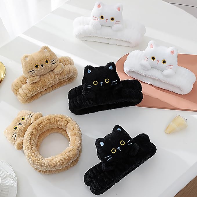Gniwhd 9PCS Cute Cat Ears Spa Headband for Washing Face Makeup Skincare Headband with Wrist Bands, Sleepover Party Supplies for Women/Teen Girl Trendy Stuff Present (9PCS 3D cat)