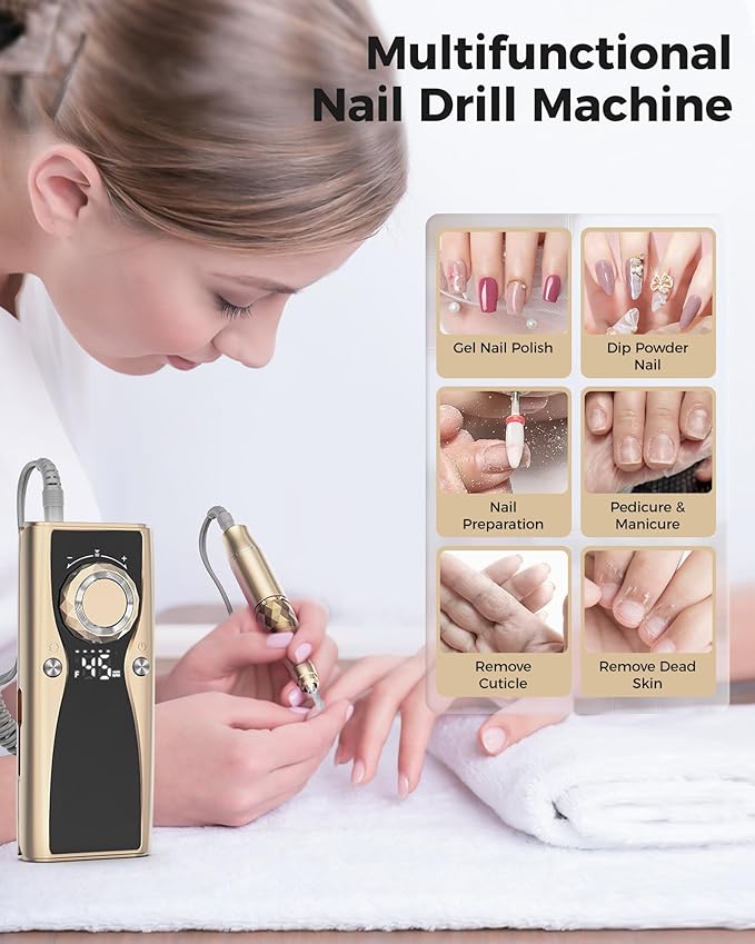 Electric Nail Drill Professional Kit: 45,000 RPM USB Rechargeable Efile Nail Drill Nail File with 12 Bits for Polishing Gel/Acrylic Nails- Portable Manicure Tool Set for Salon/Home-Gold