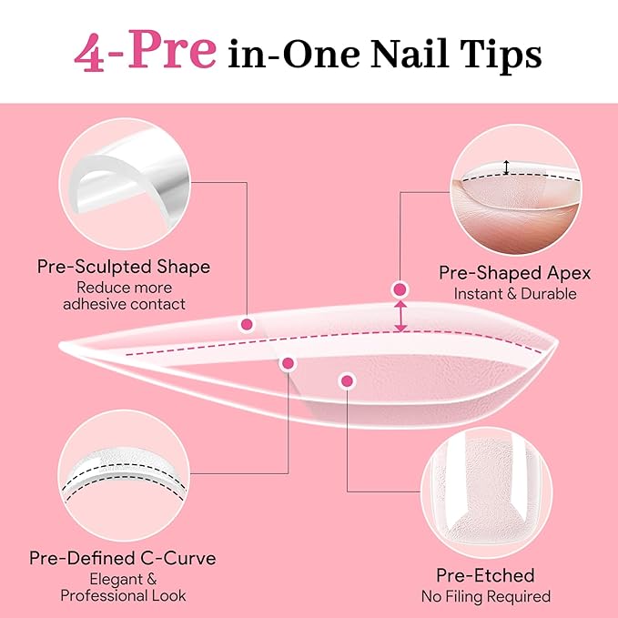Qiek Medium Almond Pre-Building Nail Tips Kit, 15 Sizes 240 PCS Pre-shaped Apex Pink Thick Extensions Tip Soft Half Matte Press On Fake Nails Glue Gel Nail Lamp for DIY Beginners & Salon Manicure