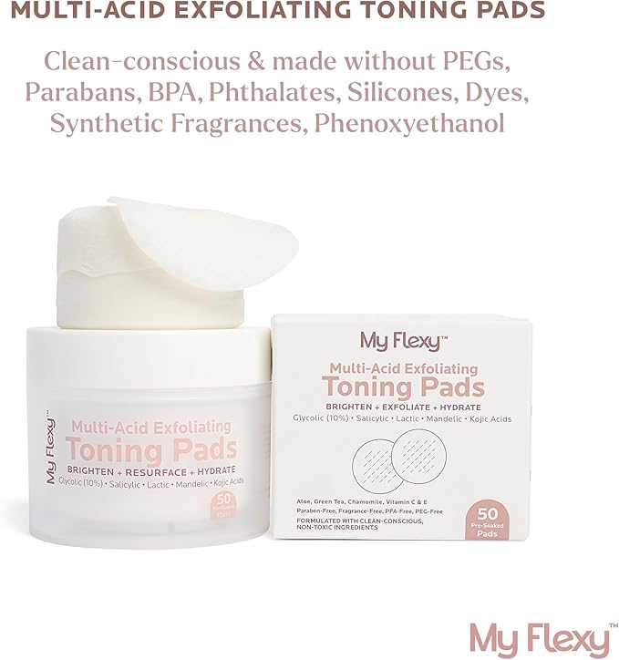 Multi Acid Toner Pads, Exfoliating Face Pads with Glycolic, Lactic, Mandelic, Kojic, & Salicylic Acid. Skin Pore Reducing, Toning, Resurfacing Facial Treatment for Wrinkles & Dull Skin - 50 Count