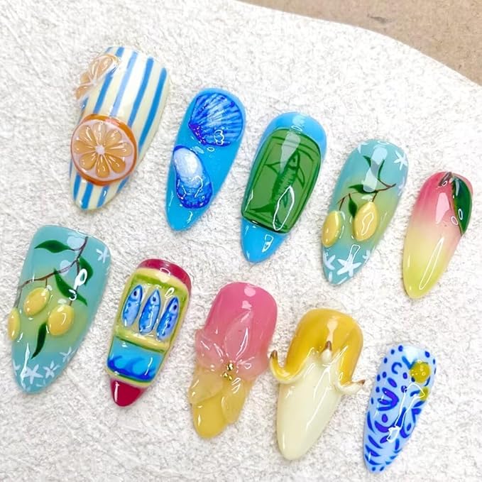 MAGLFELL Press On Nails Medium Almond Shape False Nails, Handmade Acrylic Gel Fake Nails with Art Designs, Reusable 10 Pcs 3D Nails for Women DIY Manicure Kit