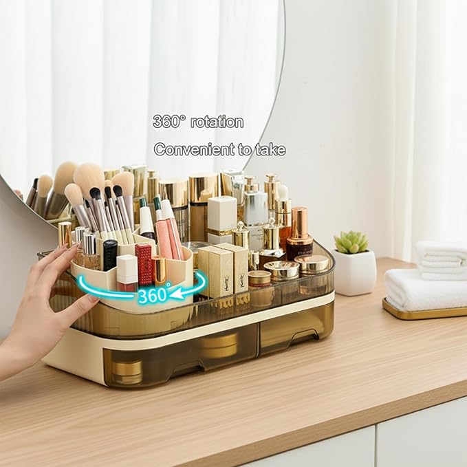 Extra Large Capacity Makeup Organizer with Brush Holder - Plastic Vanity Countertop Storage for Full Skincare & Cosmetic Collection