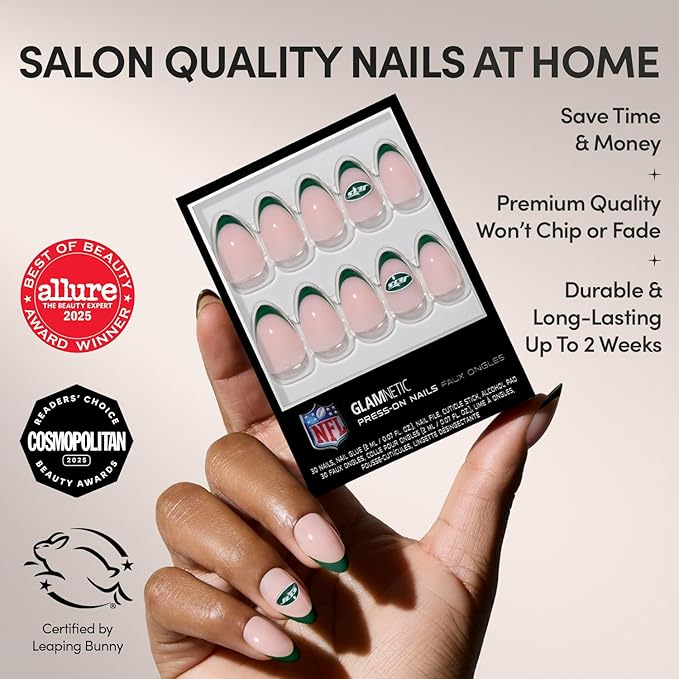 Glamnetic x Fanatics Press On Nails - New York Jets | Short Almond Fake Nails, NFL Jets Green French Tips, Football Nails, Salon-Quality | 15 Sizes - 30 Nail Kit with Glue