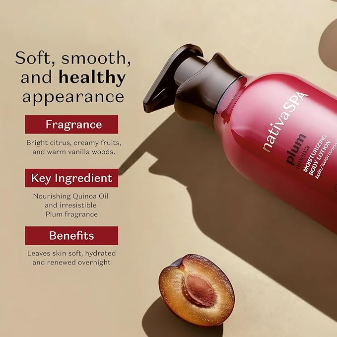 Nativa SPA by O Boticário, Plum Moisturizing Body Lotion, Fragranced Moisturizer Enriched with Purified Quinoa Drops to Boost Hydration, 13.5 Ounce