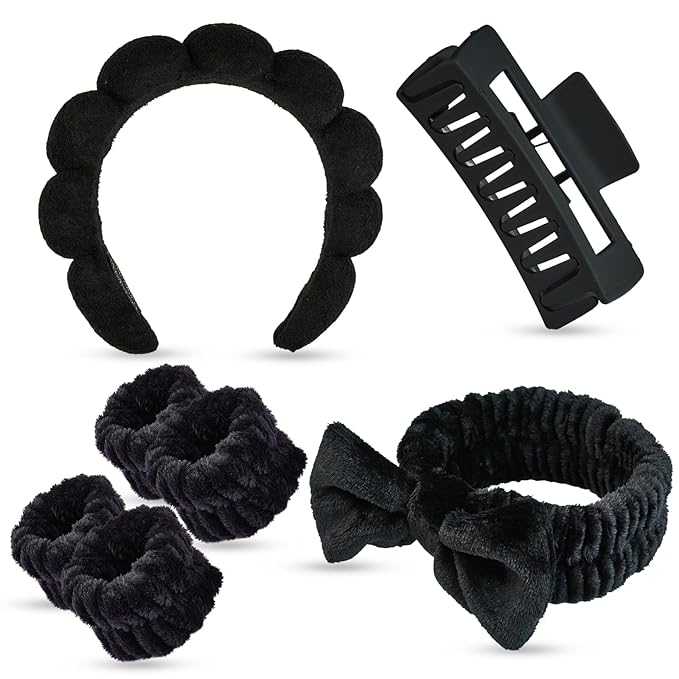 Yaqulen 7 Pcs Spa Set, Facial Headband and Wristband Set, Skincare Accessories, College Style Girl Idea Gifts, Hair Accessories for Women and Girls (Black)