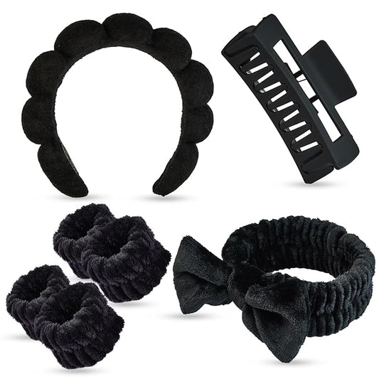 Yaqulen 7 Pcs Spa Set, Facial Headband and Wristband Set, Skincare Accessories, College Style Girl Idea Gifts, Hair Accessories for Women and Girls (Black)