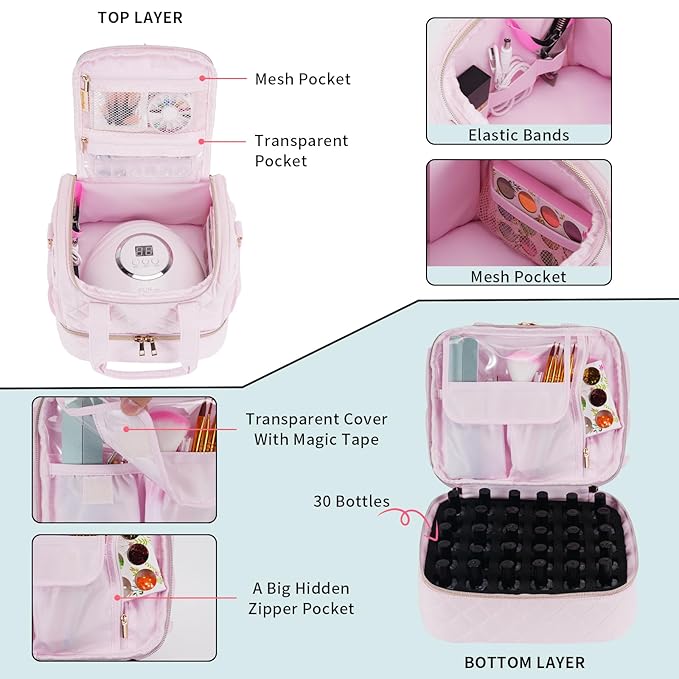 VOFIpremiAm Nail Polish Organizer Case Fits Nail Lamp and 30 Bottles,Nail Organizers and Storage for Nail Tech Travel,Pretty Nail Polish Storage Bag Fits Nail Kit & Manicure Tools (Patented)