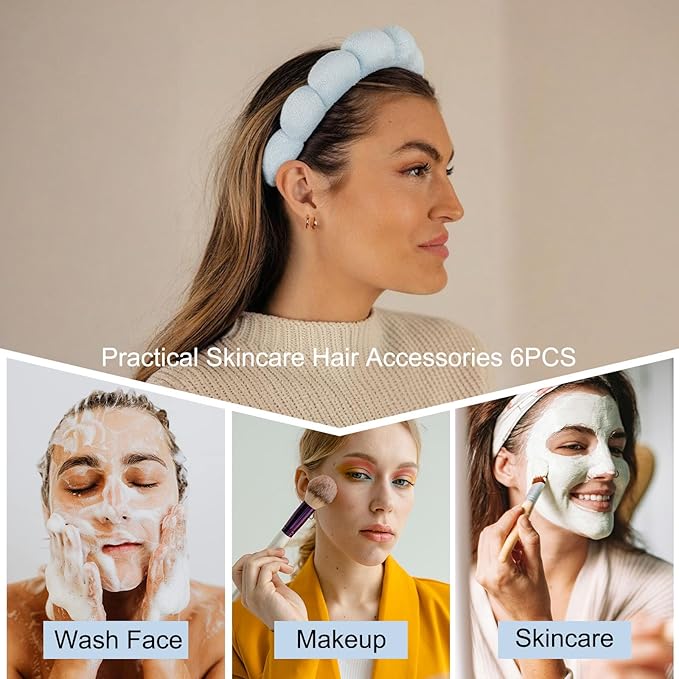 BluOcnMkt 6PCS Skincare Headband Set Blue Spa Makeup Headbands for Women, Large Flower Hair Clip, Velvet Hair Scrunchies
