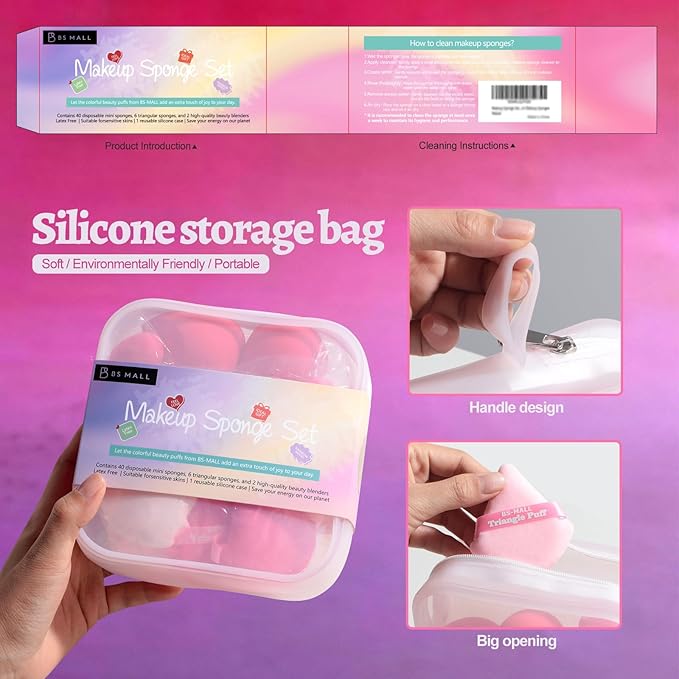 BS-MALL Mini Makeup Sponge Set Professional Triangle Puff 49 Pcs- Pro V3.0 Cloud Technology Material Flawless flow Mini Sponge Set & Triangle Puff With Waterproof Travel Silicone Bag Gift Set