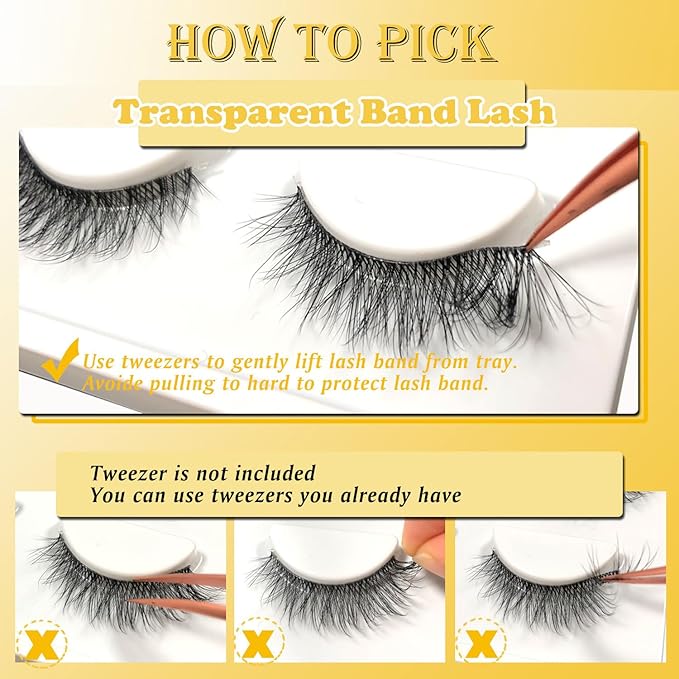 Invisible Band Wispy Lashes 13mm Short Eyelashes Natural Look Reusable 25 Times, D Curl Cat Eye Fake Strip Lashes With Clear Band, Small Lashes Pack Pestañas Postizas Naturales By Hiklasy