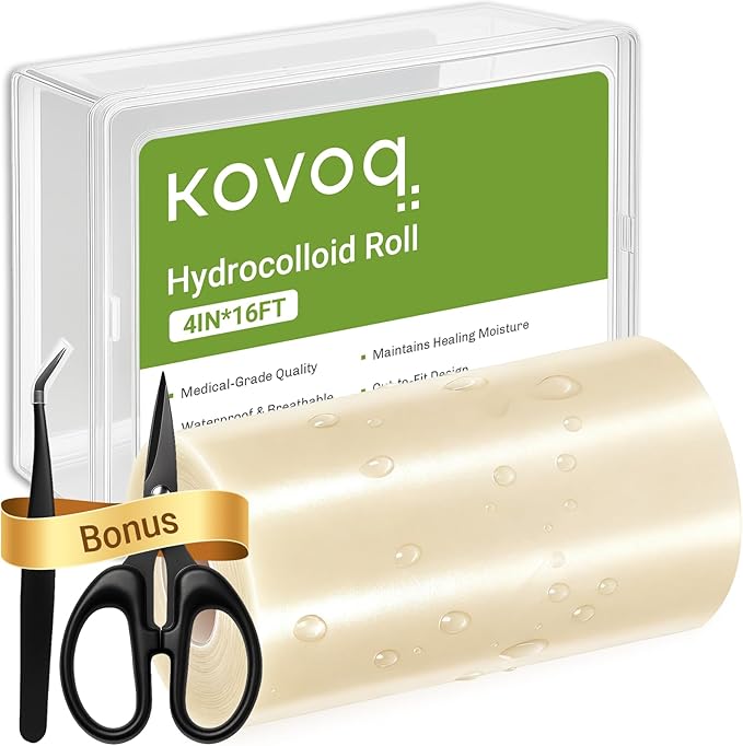 Large Hydrocolloid Roll Bandages 4IN * 16FT, Kovoq Large Hydrocolloid Patches for Wound Care, Acne, Pimple, Nose, Face, Ultra Absorbent with DIY Size Shape Tools Scissor and Tweezer (4in * 16ft)