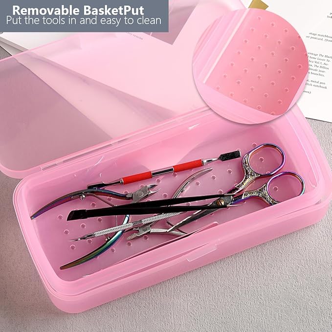 FSpronail Nail Tool Sterilizer Box, Fully Transparent Disinfection Container Tray for Nail Tools Organizer with Strainer for Tweezers Manicure Equipment Nails Salon Supplies Art Accessories - Pink