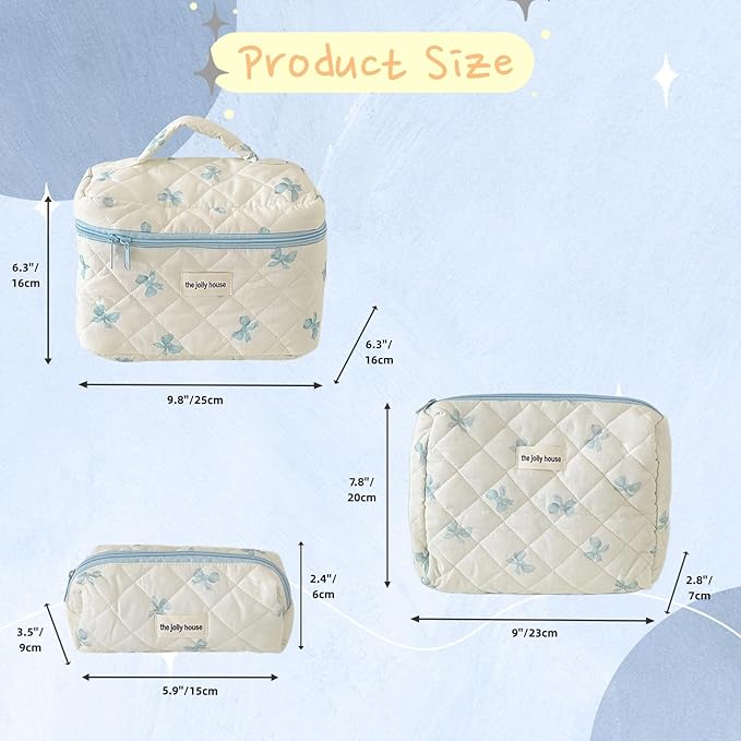 Cute Makeup Bag Aesthetic Floral Quilted Cotton Cosmetic Bag Travel Organizer Toiletry Pouch 3 Pack Set (02Blue Bow)