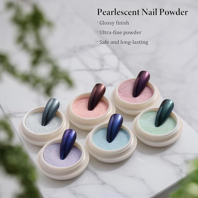 SUTOKAKA Pearl Chrome Nail Powder 6 Colors Metallic Mirror Effect Mermaid Chrome Powder Iridescent Aurora Nail Pigment Glitter Rubbing Dust for Nail Art Decoration Gel Polish
