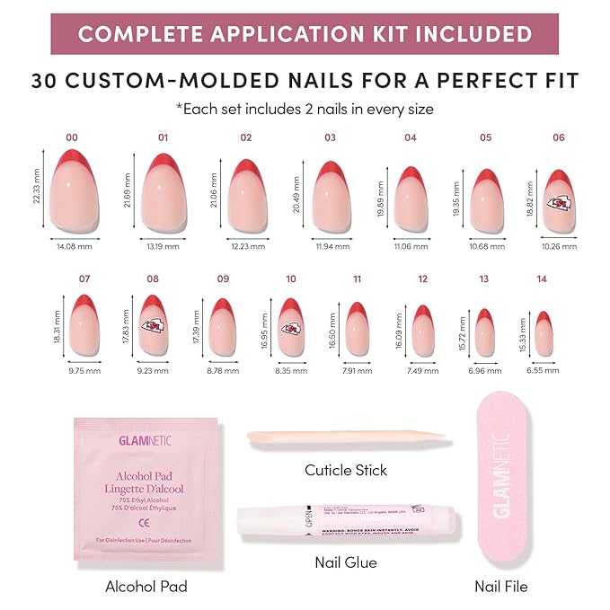 Glamnetic x Fanatics Press On Nails - Kansas City Chiefs | Short Almond Fake Nails, NFL Chiefs Red French Tips, Football Nails, Salon-Quality | 15 Sizes - 30 Nail Kit with Glue