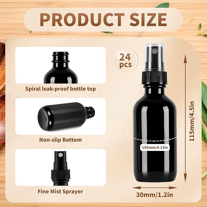 BILLIONSTARS 48 Pack 2oz Glass Boston Round Bottle with Fine Mist Sprayer - UV Black - Essential Oils, Bath, Beauty, Hair & Cleaning - Leakproof Travel Bottles