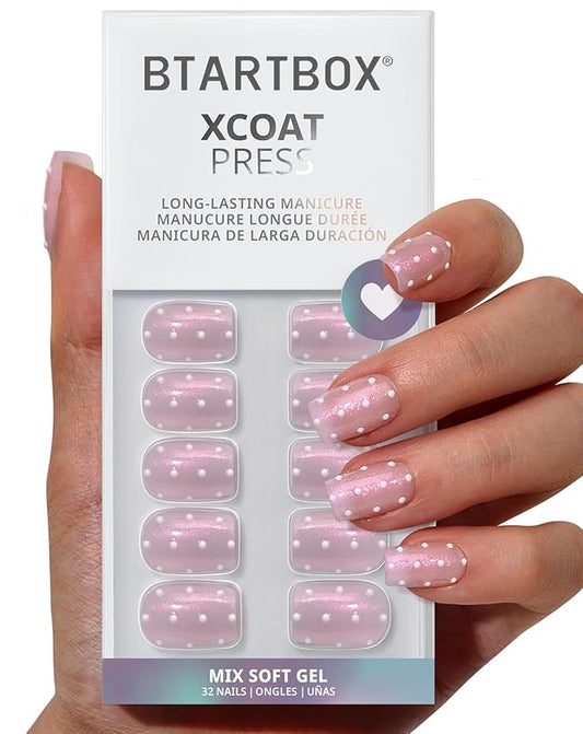 BTArtbox Press On Nails Short - Sugar Pop, Lamp-Curable 3D Polka Dot Glitter Square Press On Nails with Glue and Adhesive Tabs for Women in 16 Sizes - 32 Soft Gel Glue On Nails Kit