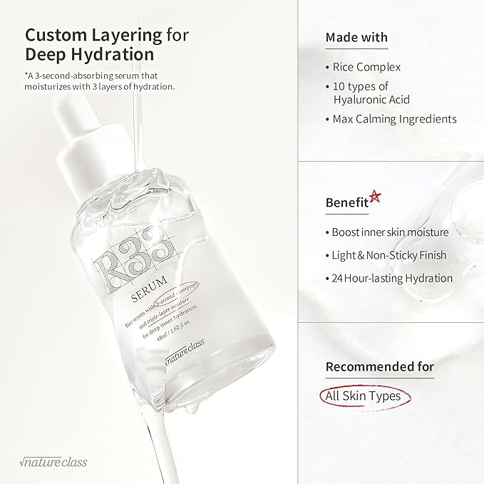 R33 Hydrating Serum for Face with 10-Type Hyaluronic Acid, Niacinamide, Vitamin B5, Rice Extract, Barrier Support, Fragrance Free, Korean Skin Care, 1.69 fl oz