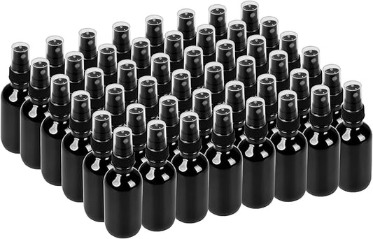 BILLIONSTARS 48 Pack 2oz Glass Boston Round Bottle with Fine Mist Sprayer - UV Black - Essential Oils, Bath, Beauty, Hair & Cleaning - Leakproof Travel Bottles