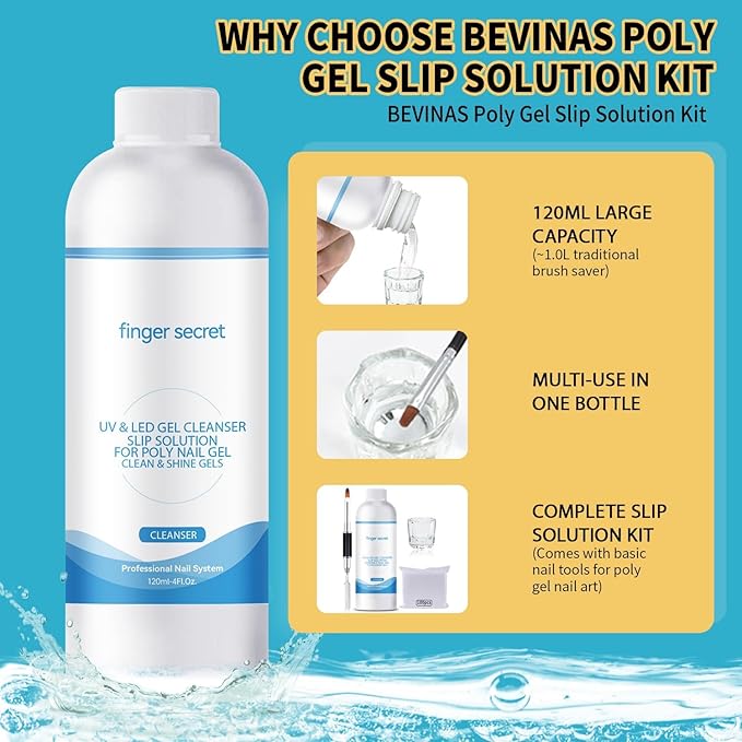 BEVINAS Poly Gel Slip Solution 8 oz,Nail Cleaner For Builder Gel Nails Cleanser,2PCS Poly Nail Slip Solutions for Nails