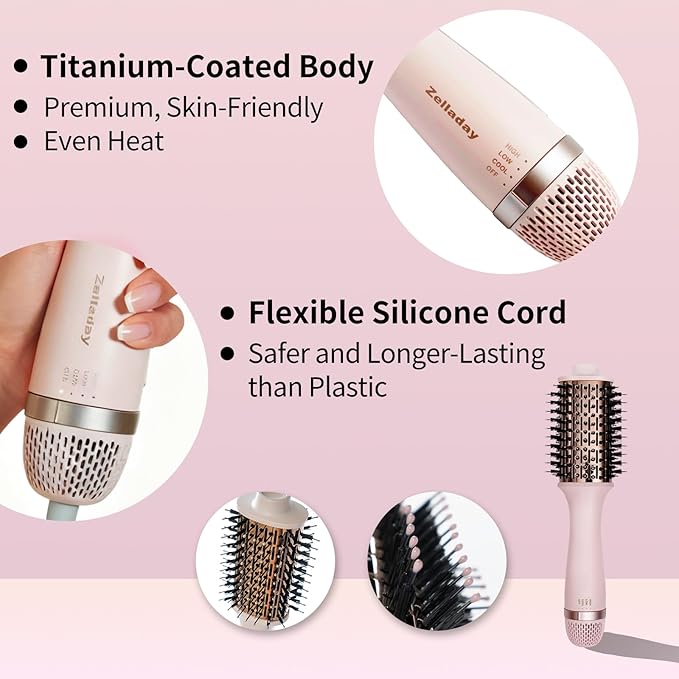 Zelladay One-Step Volumizer Blow Dryer Brush, Titanium Hot Hair Brushes, Dual lonic Technology, More Smooth & Less Frizz, Fast Salon-Style Blowouts, Travel-Ready（AirSleek）
