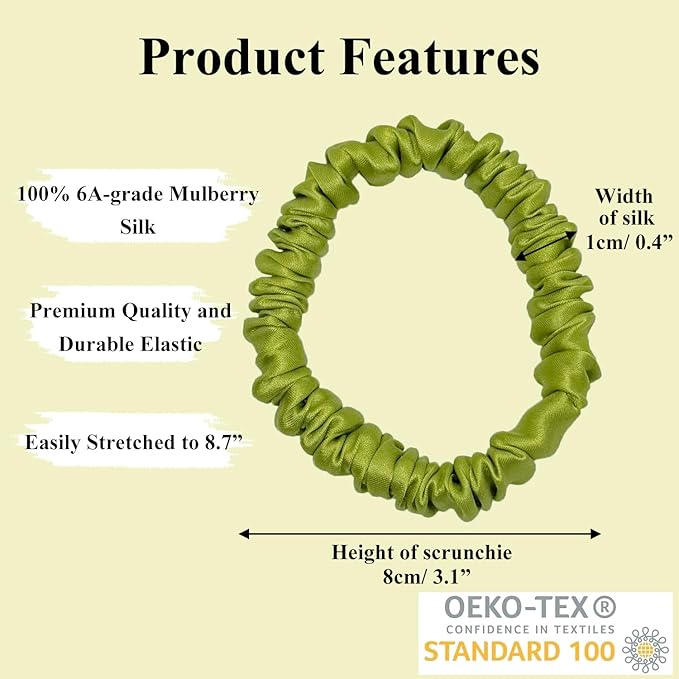 VLOMOT 3 Pcs Set 100% Pure Mulberry Silk Hair Scrunchies Hair Ties with 3 Chic Colors Everyday Skinny Scrunchies Silk Ponytail Holders Hair Care No Damage (Green)