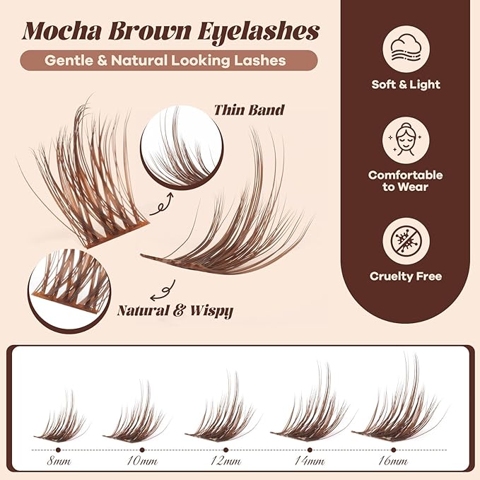 B&Q Brown Lash Clusters Kit Natural Mochalash Clusters 02, Wispy Eyelash Clusters Kit C-Curl Cluster Eyelash Extensions 8-16mm Brown Lash Eyelashes Kit for Fair/Dark Hair(Mochalash 02 Set)