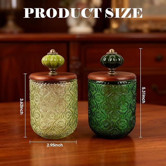 Canumer 2 Pack Green Qtip Holder – Glass Apothecary Jars with Lid, Qtip Dispenser, Bathroom Storage Organizer for Cotton Balls, Swabs, Pads, Floss, Makeup Essentials, Candy, Vintge Decor
