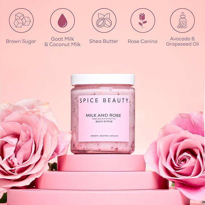 Milk and Rose Body Scrub | In-Shower Moisturizer with Hydrating Coconut Oil, Calming Roses, Shea Butter | Gentle Body Exfoliation Skincare | 9 Oz