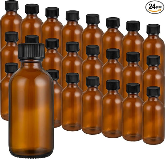 Exlvanto Small Glass Bottles with Lids Boston Round Shot Bottles for Health, Immunity, Ginger Juice, Essential Oils, Potion - Leak Proof Mini Travel Containers (Amber UV, 2oz-24Pack)