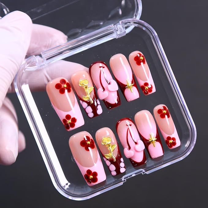MAGLFELL 10Pcs Press On Nails Square Shape Hnadmade Fake Nails, Pink French Love Acrylic Nails, Reusable Artificial Gold Plated Decoration Square False Nails for Women (Size L)