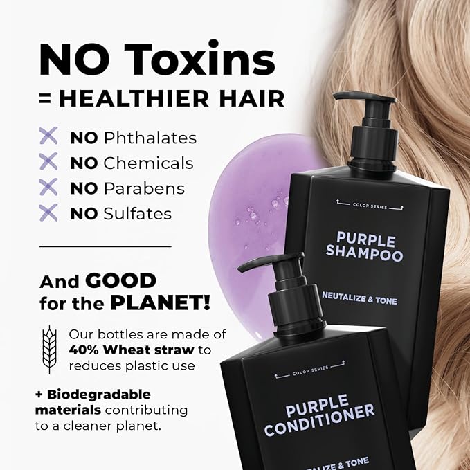 FLUX UP Purple Shampoo and Conditioner for Blonde Hair Women & Men – Blonde & Silver Hair Toning – Anti-Brass Sulfate Free Shampoo and Conditioner - 17 fl oz